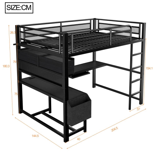 Letto a soppalco con scrivania 140x200 cm LEMONMAX, LED 7 colori, 2 prese e 2 USB, mensole, struttura in metallo, nero