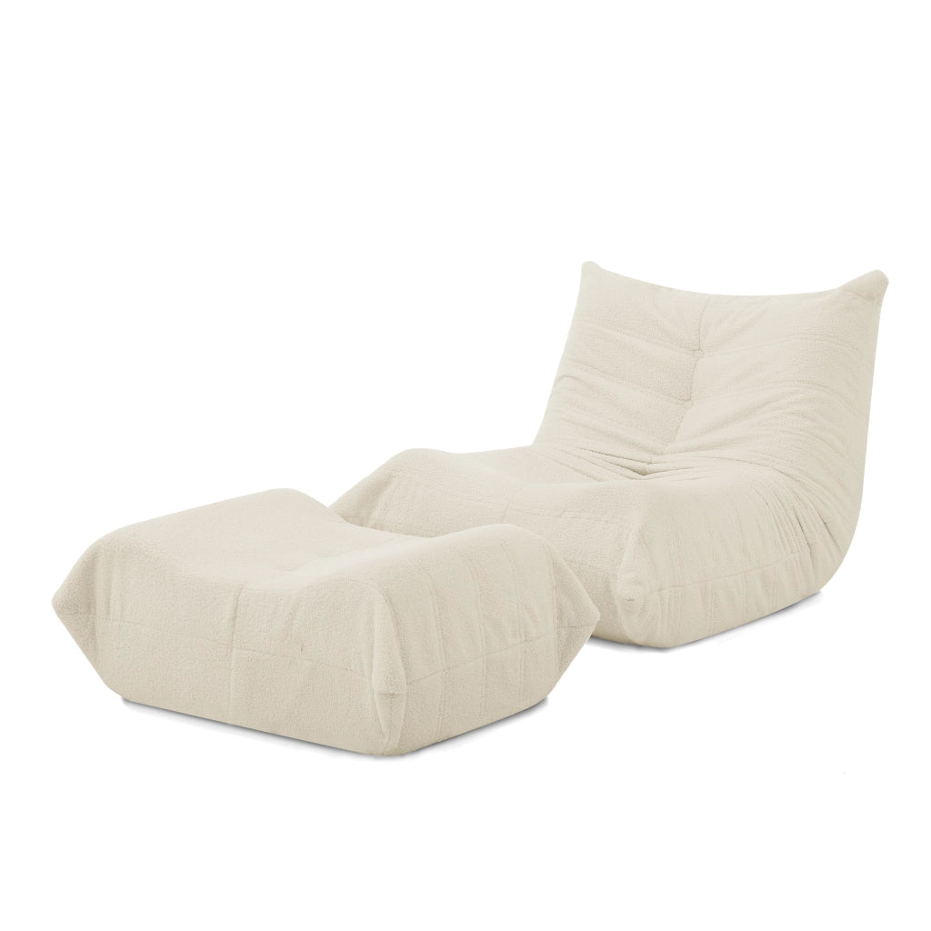 Lazy Sofa con schienale e poggiapiedi, poltrona relax in teddy effetto peluche, beige