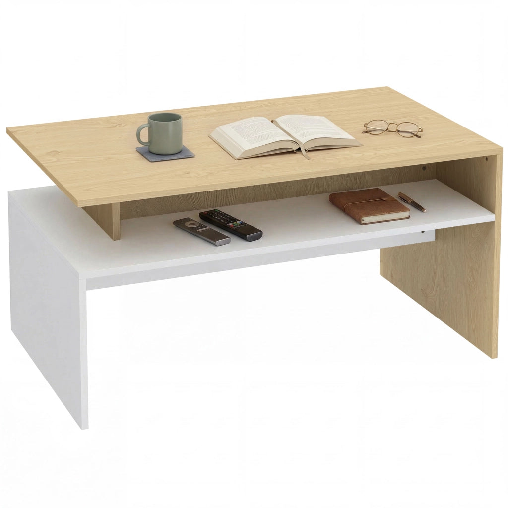 Tavolino da Salotto Bicolore con Mensola Asimmetrica ¨C zephmum ¨C Legno Naturale e Bianco 95x55x50 cm