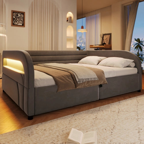 Letto una piazza e mezza con contenitore idraulico 140x200 cm LEMONMAX, LED RGB, struttura imbottita, MDF e tessuto, grigio