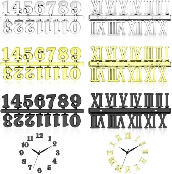 Set di piastre orologio 6 pezzi con numeri arabi e romani - nero argento oro DIY cifre digitali per sostituzione di progetto riparazione accessori