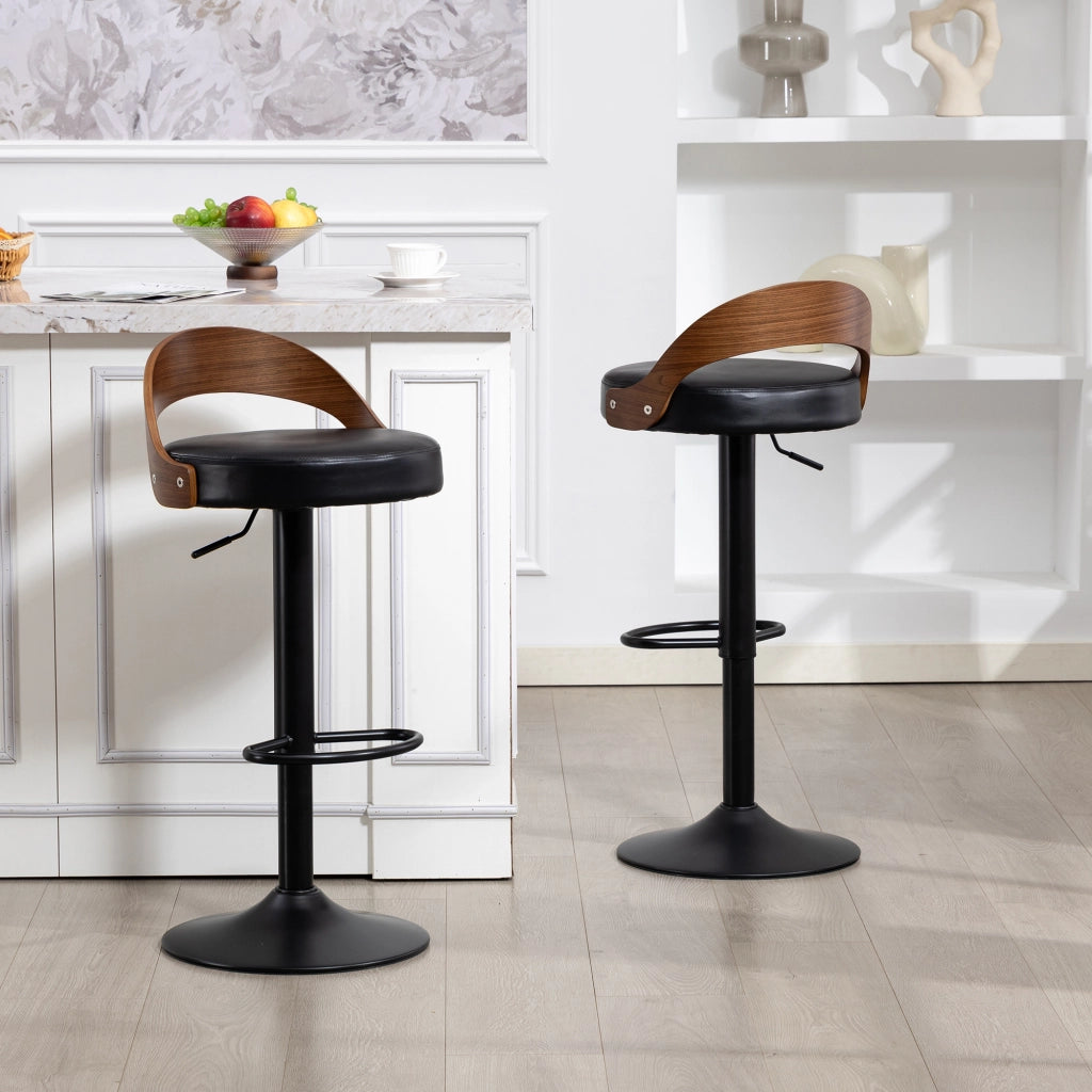 Set di 2 sgabelli da bar girevoli 360° con schienale, altezza regolabile, seduta in PU nero, struttura in metallo