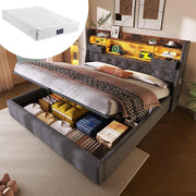 Letto Matrimoniale 140x200cm - Xylo - Testiera LED Idraulica con 4 Porte Ricarica, Tessuto Lino Grigio