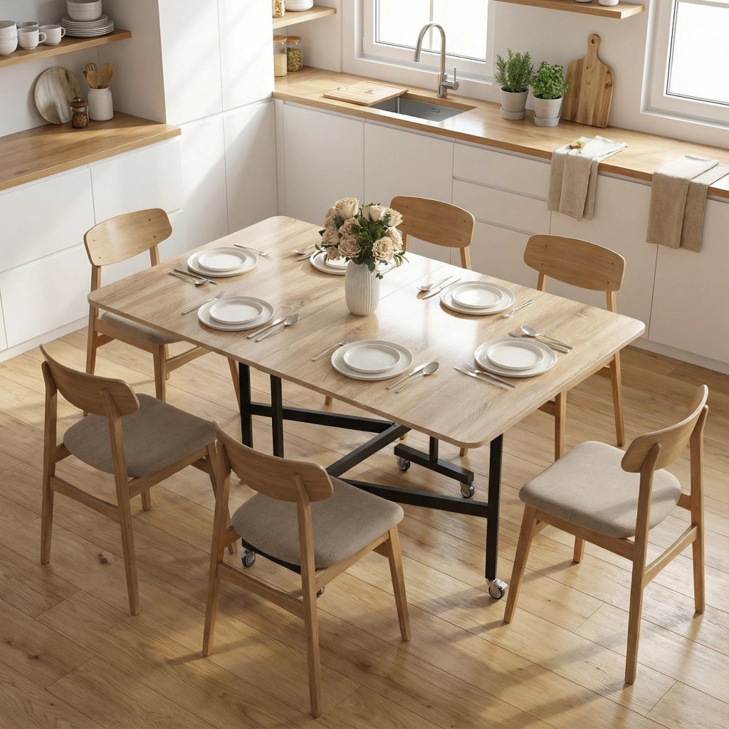 Tavolo Pieghevole per 4-6 Persone con 2 Ribalte e Ruote con Freno, 120x80x73 cm, Rovere