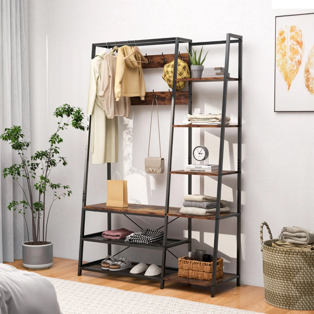 Appendiabiti con ripiani 9 ganci 5 ripiani laterali e 2 ripiani in rete, Scaffale d'ingresso 5-in-1 in metallo Marrone