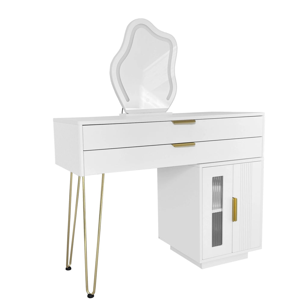 OKWISH Toeletta con 2 Cassetti, Specchio LED 3 Modalità e Mobile Laterale Scorrevole, per Camera, Pannelli, Bianco, 100×40×78 cm
