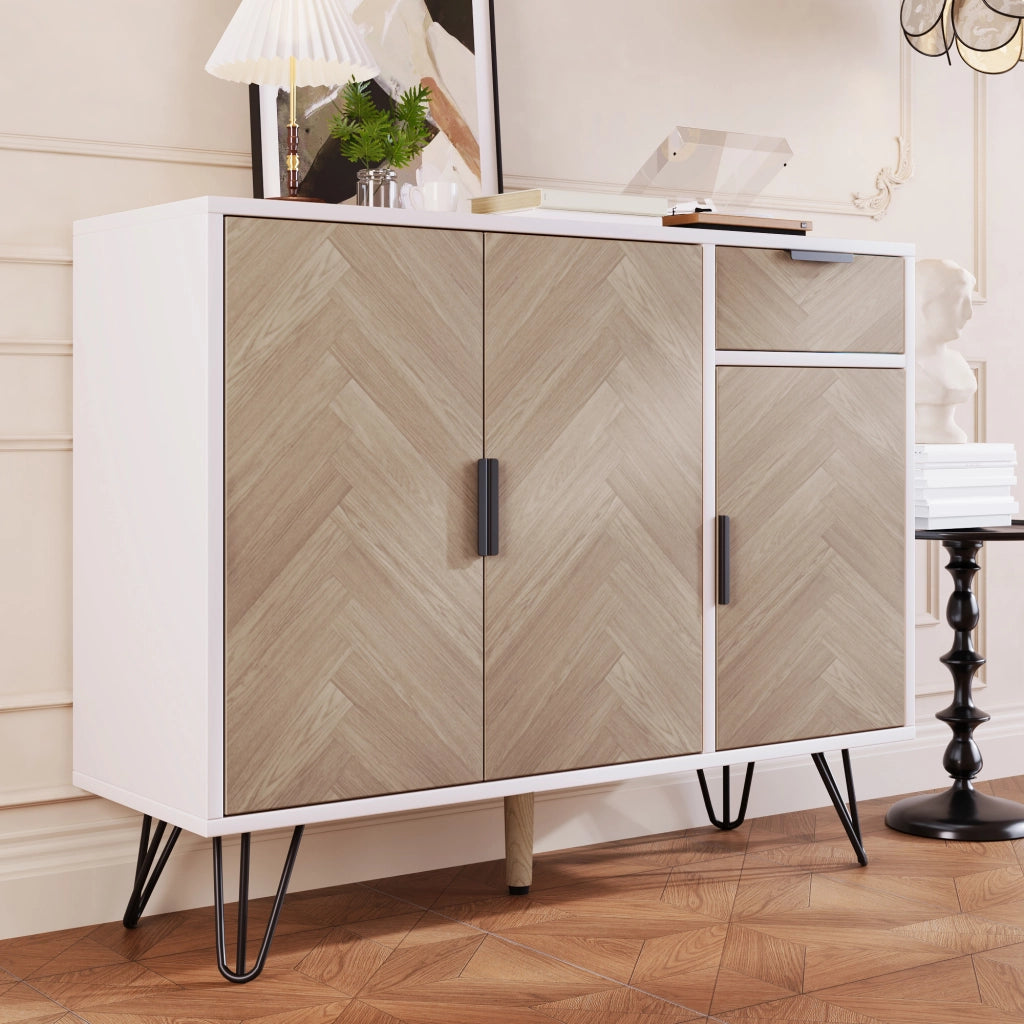 OKWISH Credenza Contenitore con 3 Ante e 1 Cassetto, Ripiani Regolabili, per Soggiorno Ingresso Camera, MDF, Bianco e Legno, 90 x 30 x 71,5 cm