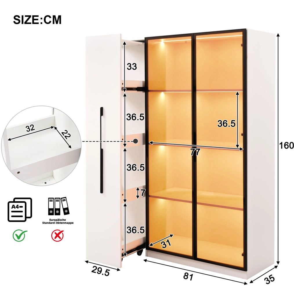 Vetrina 110.5x35x160 cm con LED integrato e vano laterale estraibile in MDF bianco