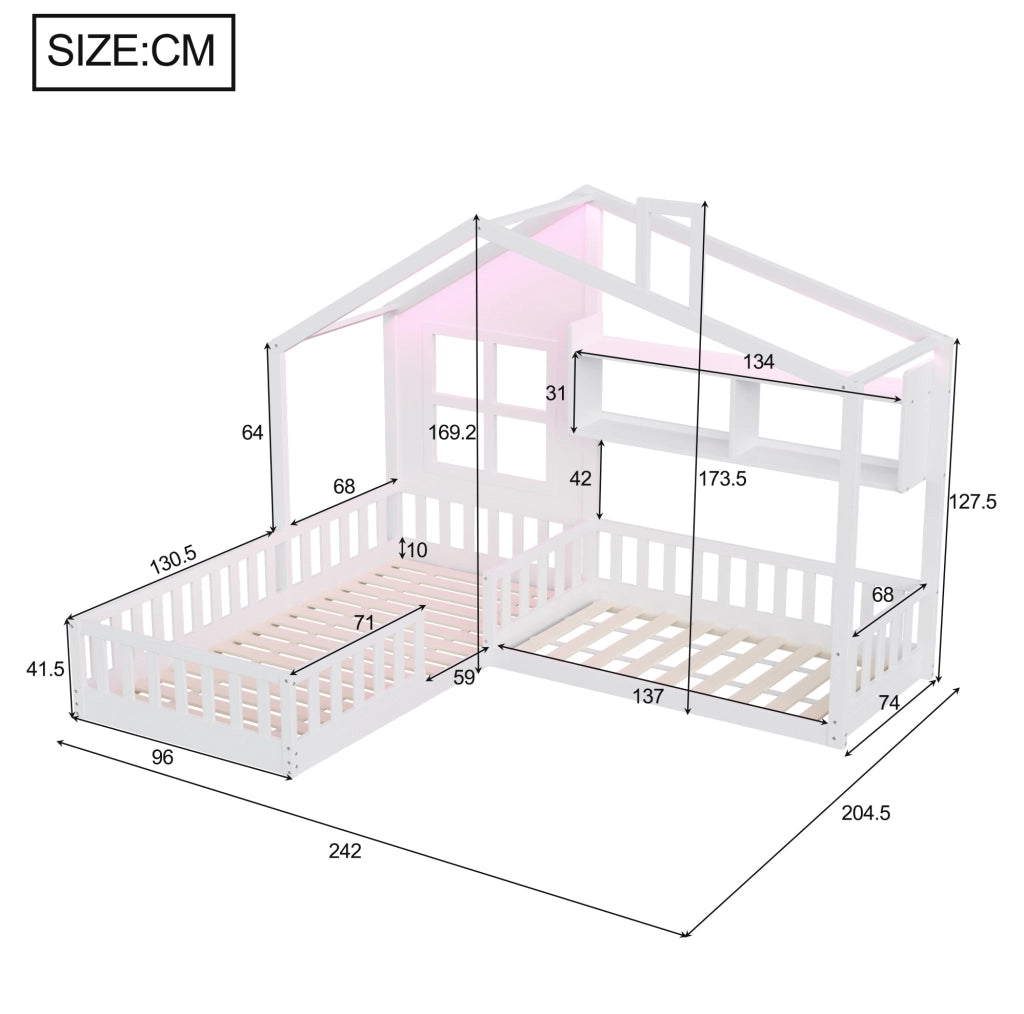 Letto a casetta 90x200 cm con LED, mensole e sponde di sicurezza