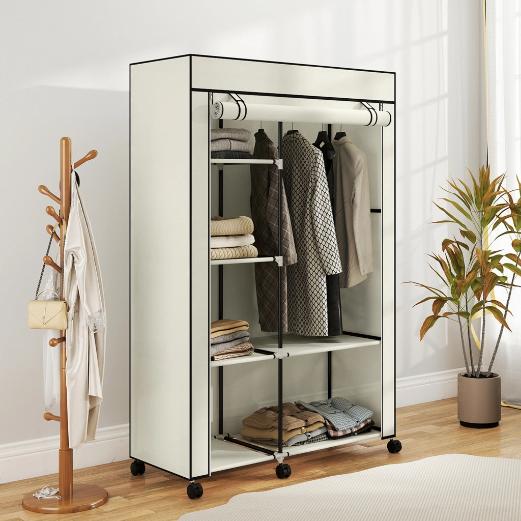 Armadio guardaroba in tessuto ¨C Xylo ¨C con ante, cassetti, ripiani e rotelle, 103x43x162,5cm crema