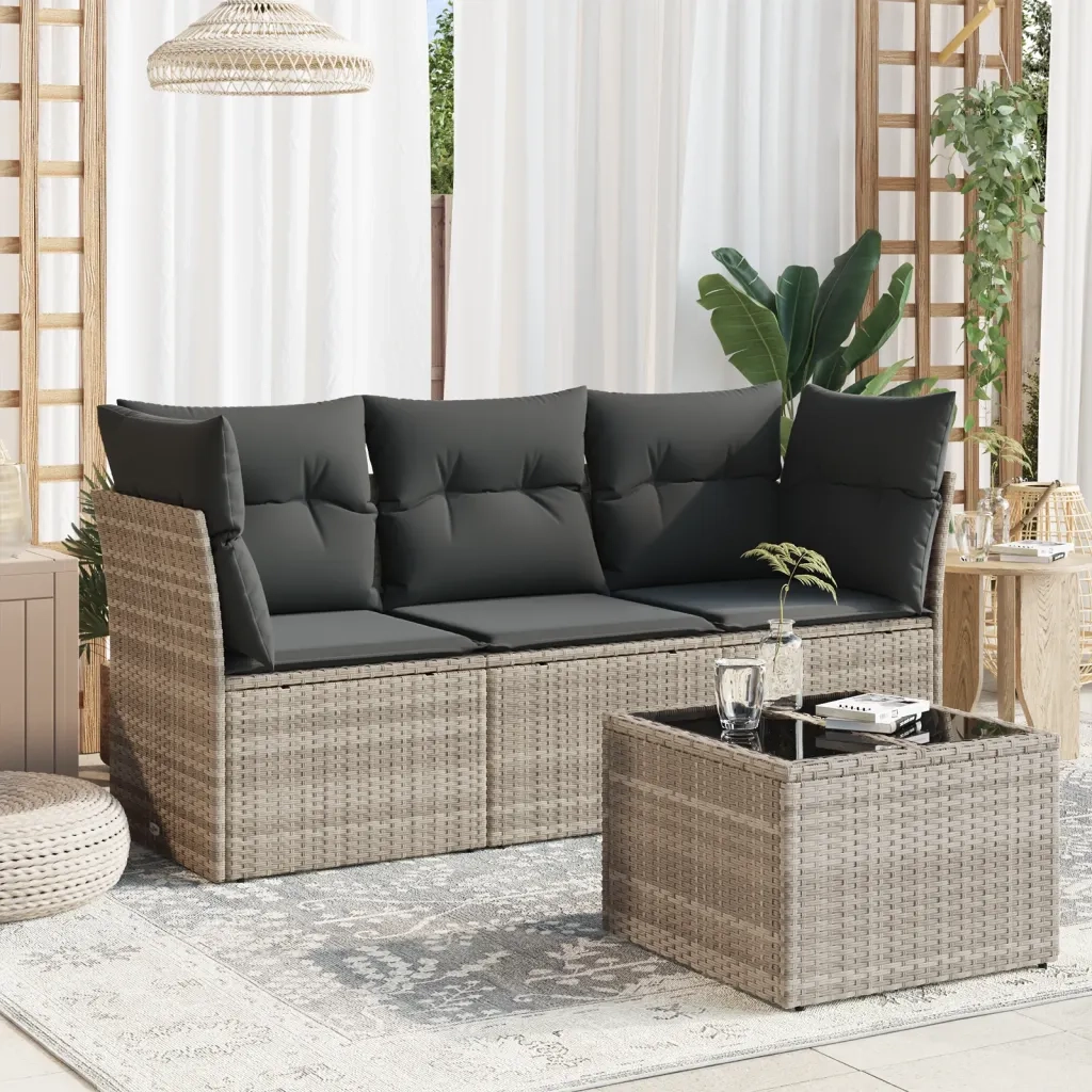 Set Divano da Giardino 4pz con Cuscini Grigio Chiaro Polyrattan