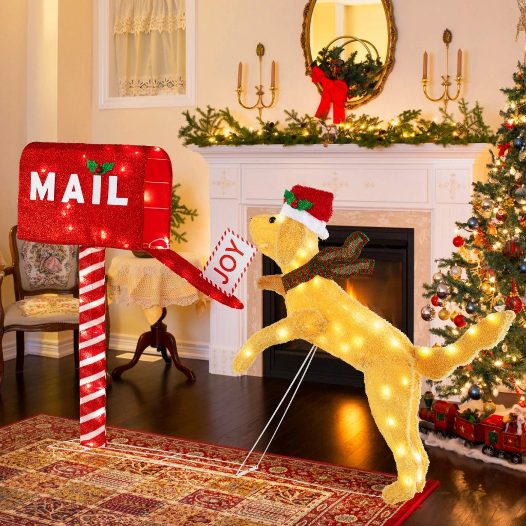 Cassetta postale natalizia e cane con 120 luci LED bianco caldo, Decorazione festiva pre-illuminata con fascette