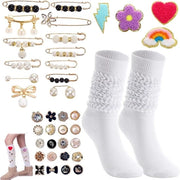 Set di fermagli per abbigliamento femminile con calze e accessori - 37 pezzi inclusi cristalli e fermagli a perle - 4 stili di patches per stirare - 1 coppia di calze bianche - 9-11 pollici