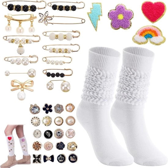 Set di fermagli per abbigliamento femminile con calze e accessori - 37 pezzi inclusi cristalli e fermagli a perle - 4 stili di patches per stirare - 1 coppia di calze bianche - 9-11 pollici