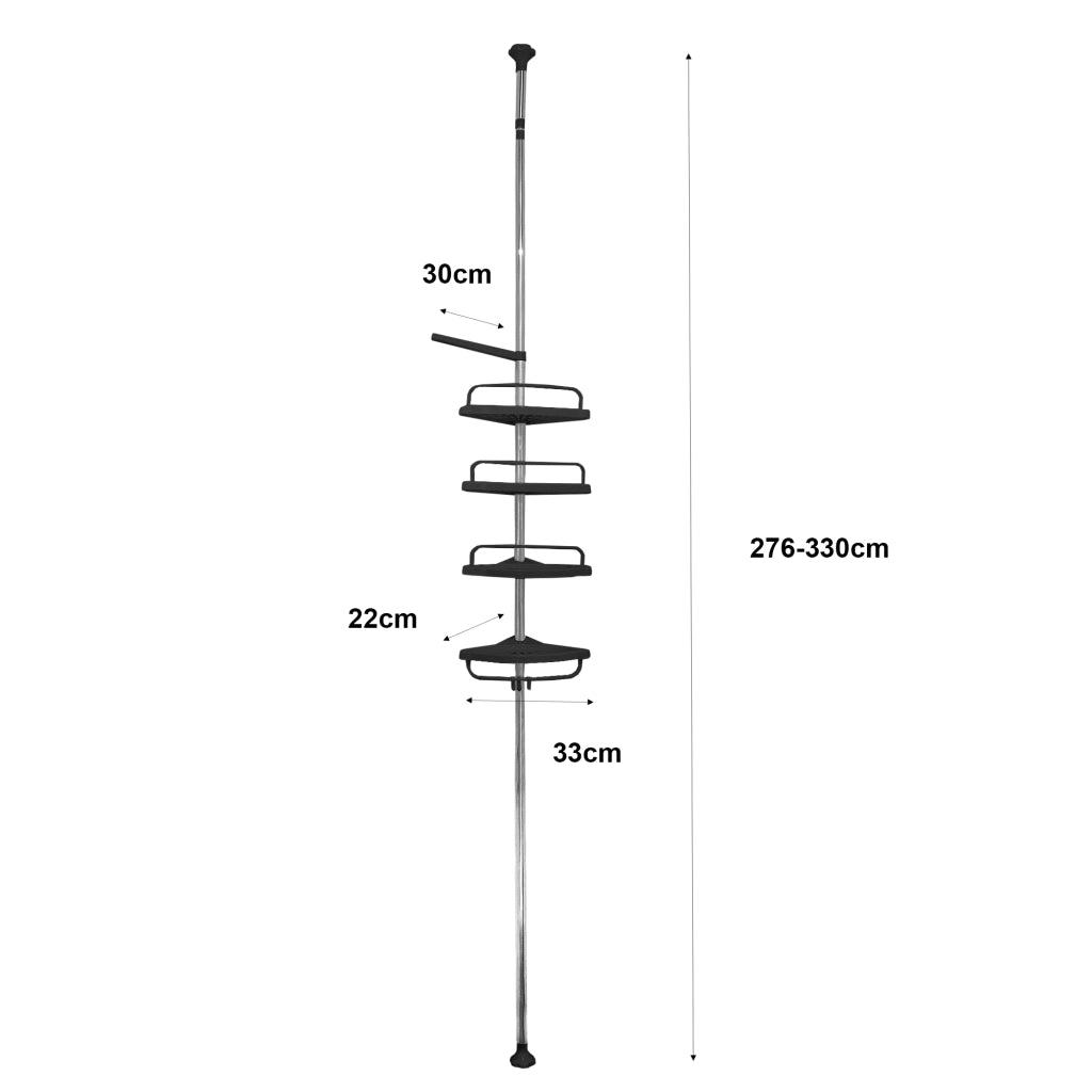 Mensola telescopica da bagno 276-330 cm – 4 ripiani regolabili con ganci – Senza forature – Acciaio inox