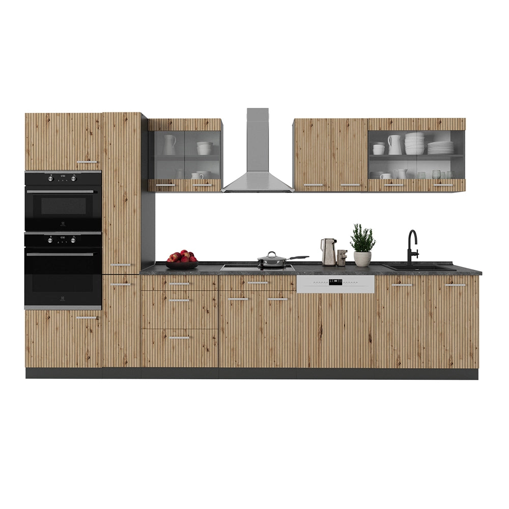 Vicco Cucina  Rovere artigianale/antracite 350 cm con armadio alto, PL Marmo