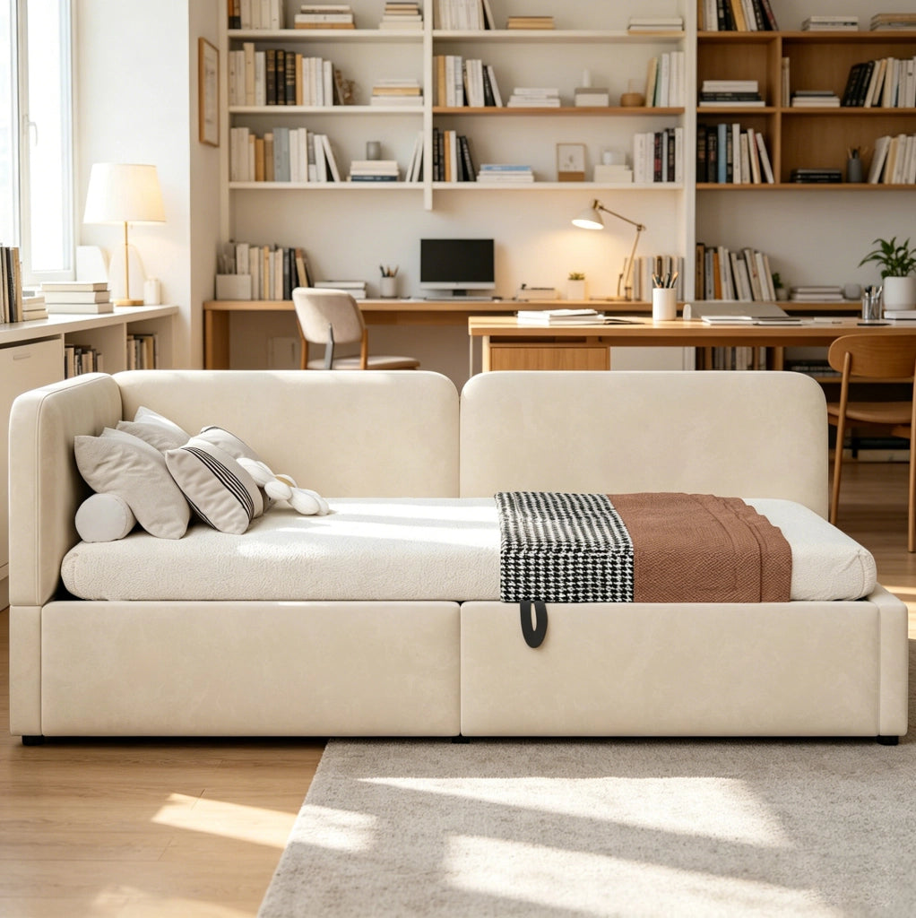 Letto divano imbottito 90x200 in tessuto beige con vano contenitore