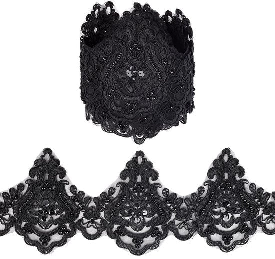 Bordure Decorativa a Motivi Vintage - Lunghezza 2,7 m - Colore Nero - Contorni Sculpati - Decorazione Abito da Sposa - Fai da Te - Bordura