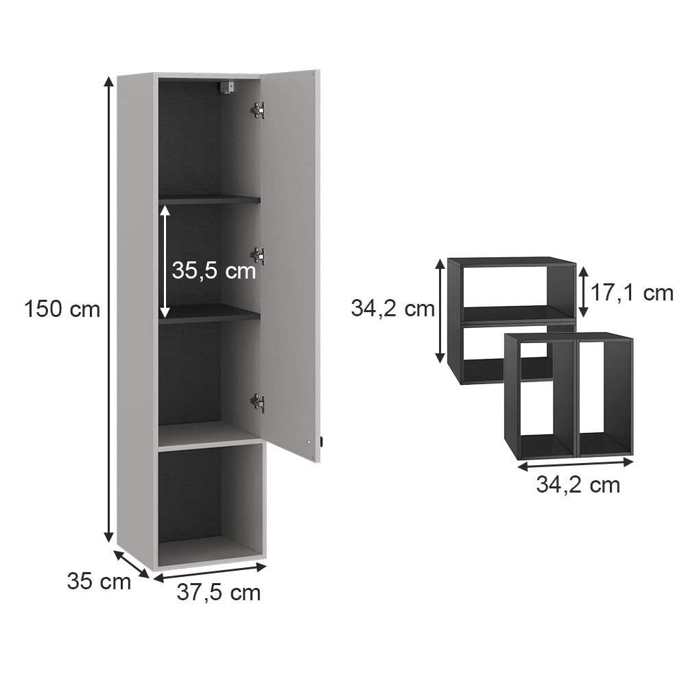 Vicco Armadio per il bagno Grigio 37.5 x 150 cm con anta e vani a giorno