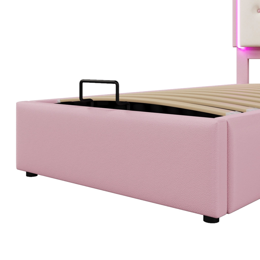 Letto per bambini imbottito 90×200 cm con rete; contenitore idraulico e LED; senza materasso; PU; rosa