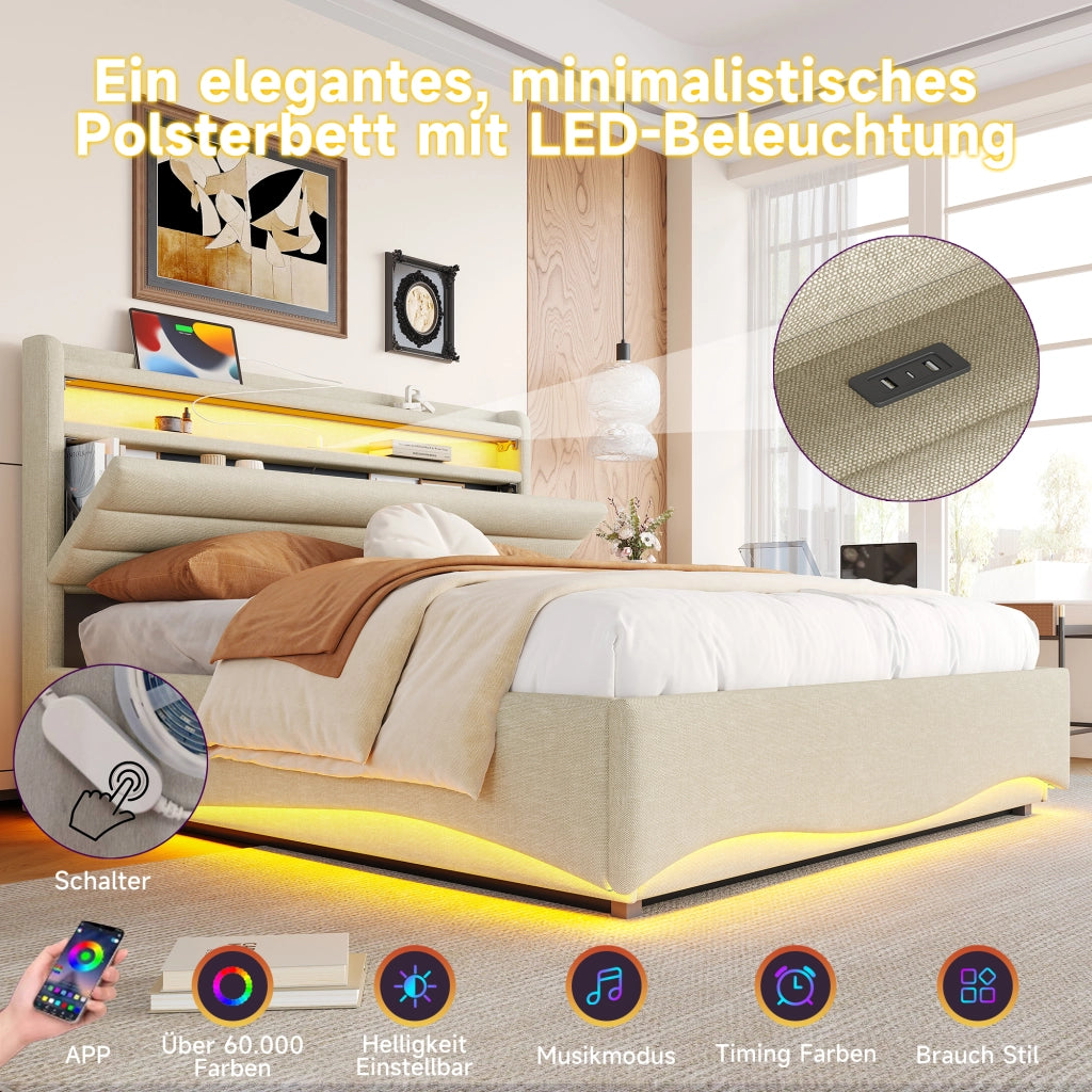 LETTO Contenitore 140x200 cm Lino Beige con LED, USB e Type-C
