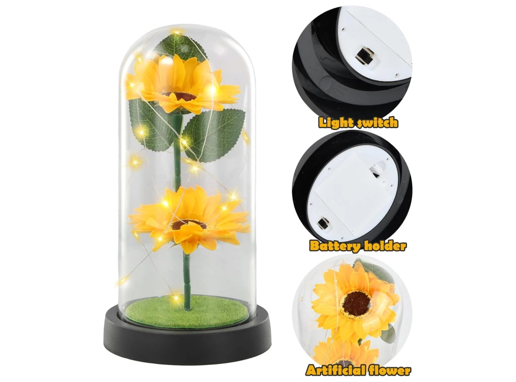 Girasole Artificiale in Cupola di Vetro con Luci LED Fiore Eterno Regalo Donna Lampada Decorativa da Interno