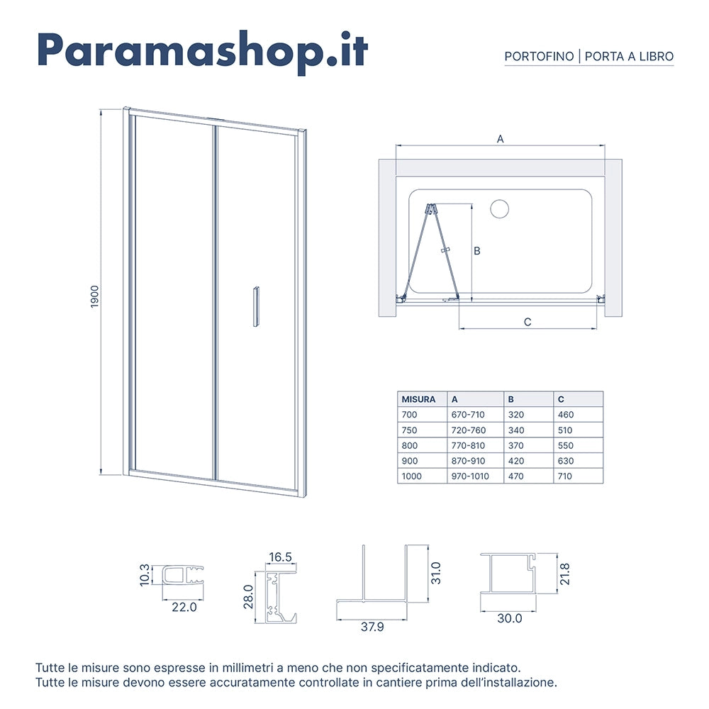 Porta doccia 80cm con apertura a libro profili slim cromati vetro 6mm trasparente h190 | Portofino