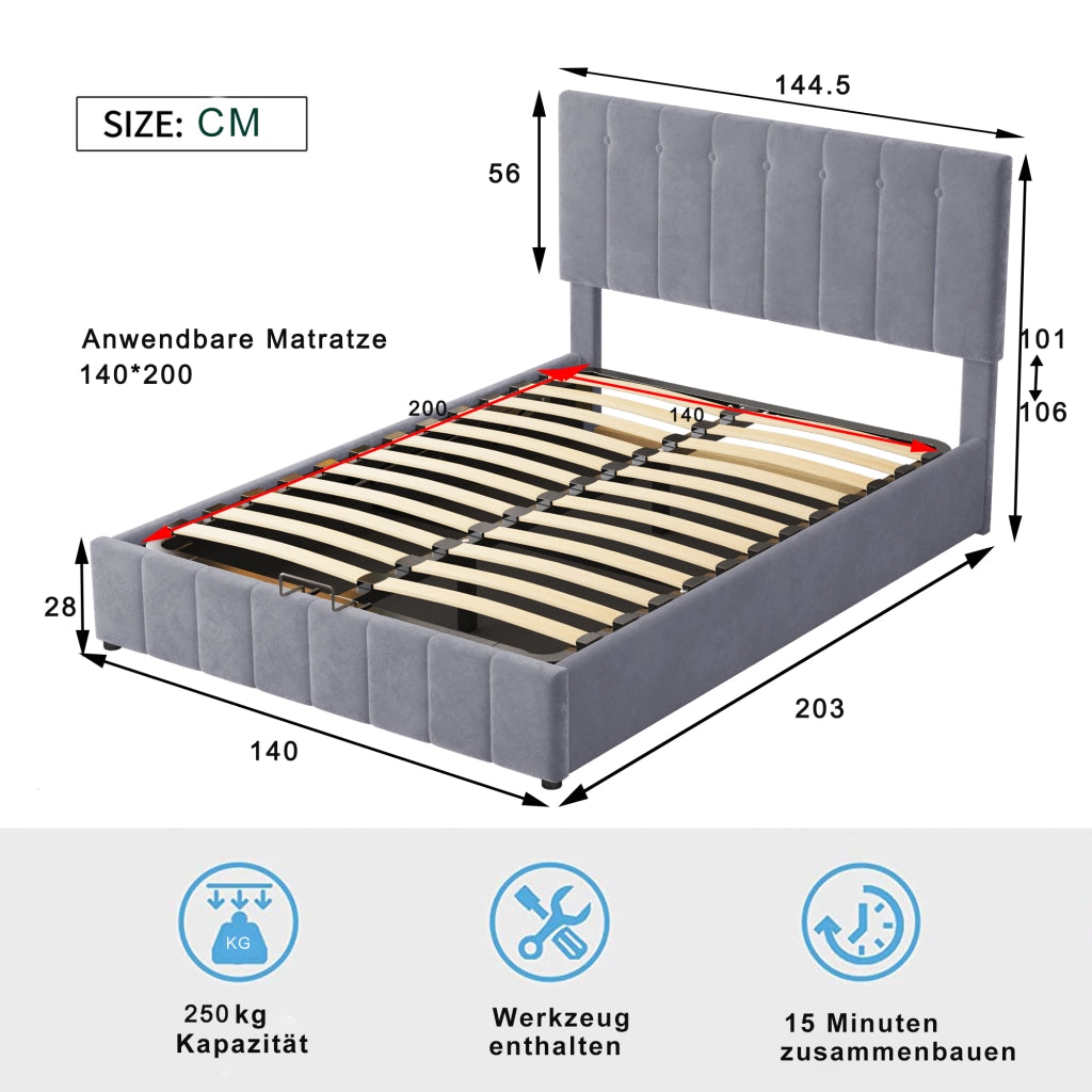 DESMIU Letto matrimoniale 140 × 200 cm con contenitore idraulico, 2 posti, senza materasso, in velluto, grigio