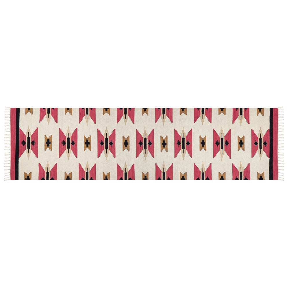 Tappeto Kilim in cotone tessuto a mano reversibile con motivo geometrico e nappe multicolore 80 x 300 cm soggiorno camera da letto
