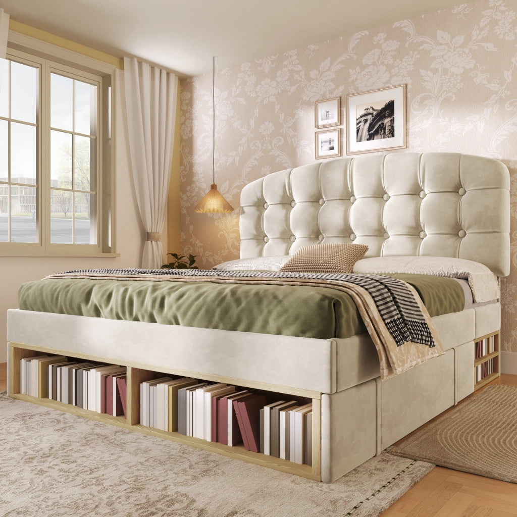 DESMIU Letto matrimoniale 140 × 200 cm 2 posti con testiera regolabile, cassetti e contenitore, senza materasso, beige