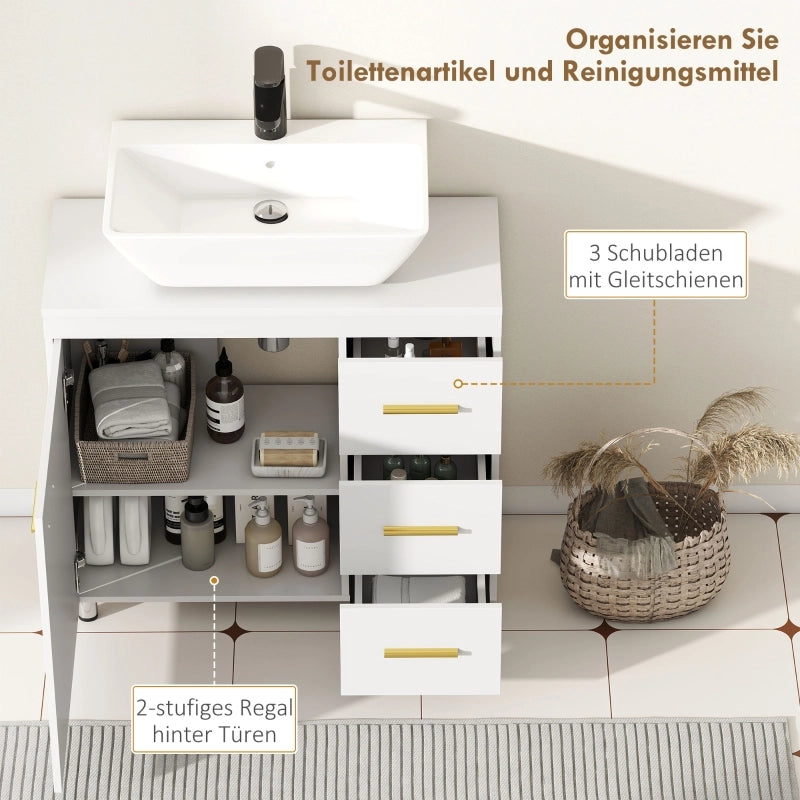 MOBILETTO SOTTOLAVABO 70x30x65 cm Bianco con 2 ripiani e 3 cassetti