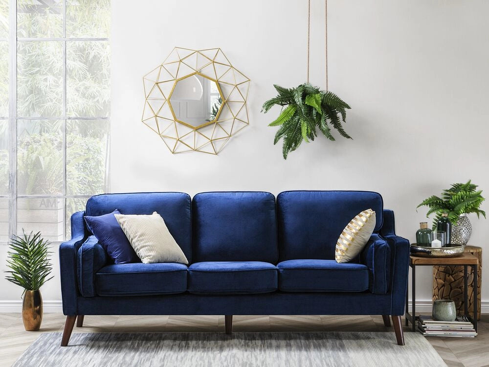 Divano colore Blu 3 Posti Velluto Gambe In Legno stile Classico e moderno soggiorno