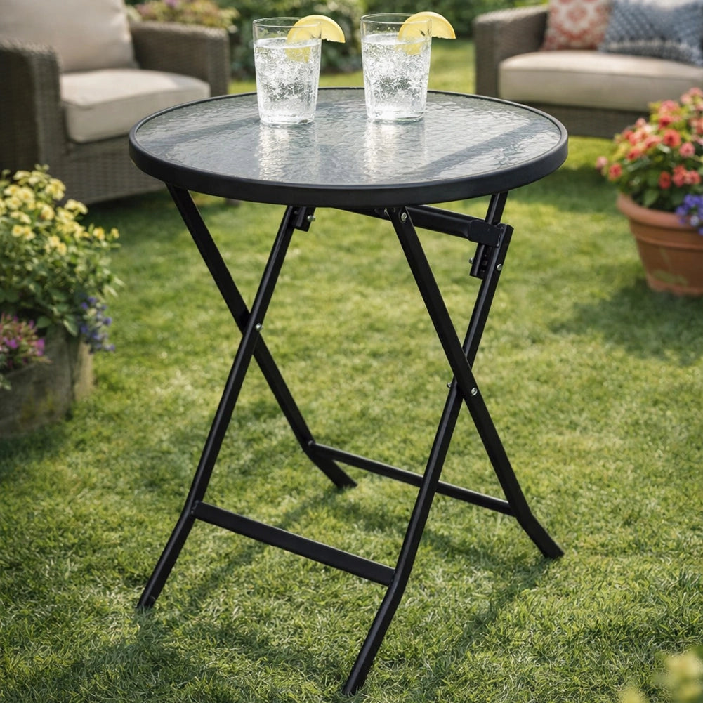 Tavolo Pieghevole Rotondo da Esterno Ø60x71cm con Struttura in Acciaio e Piano in Vetro Nero