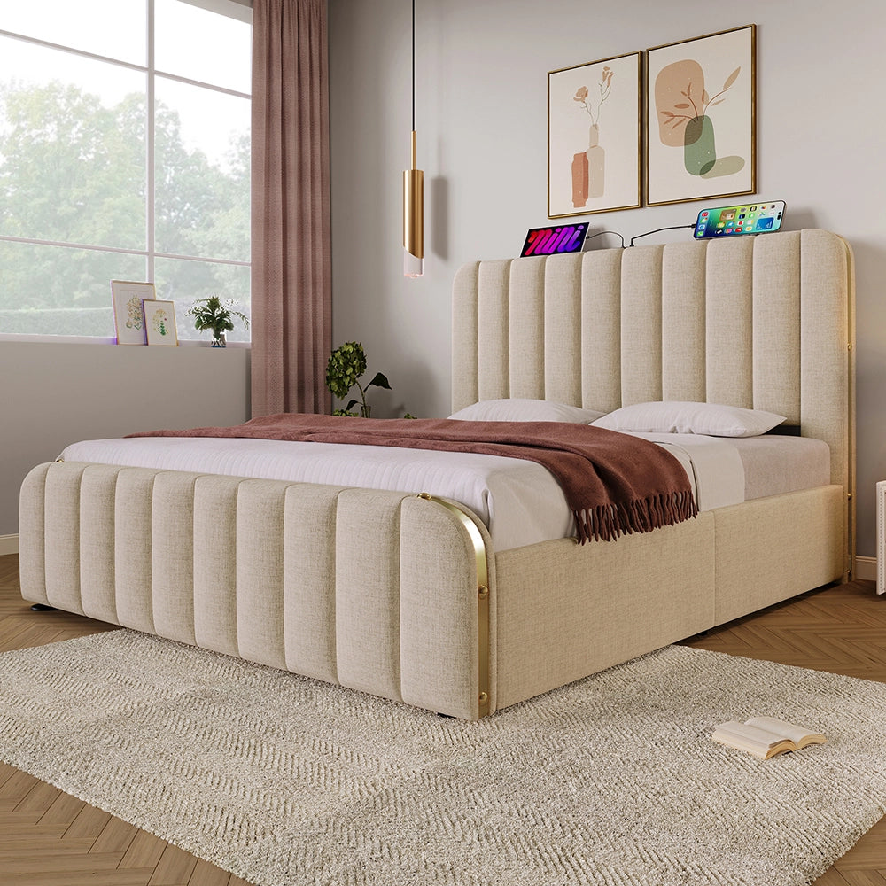 Letto imbottito con 4 cassetti - Xylo - 140x200 cm - Beige - Testiera imbottita doppia con carica USB-C
