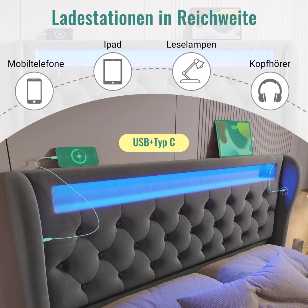 DESMIU Letto contenitore 140 × 200 cm 2 posti con LED, USB e Type C, senza materasso, in velluto, grigio