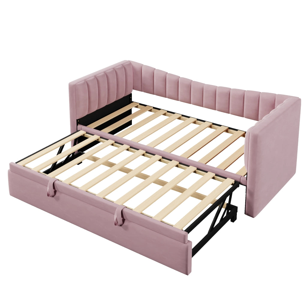 Daybed imbottito con letto estraibile 90 x 200 cm (180 x 200 cm), in velluto, rosa, senza materasso