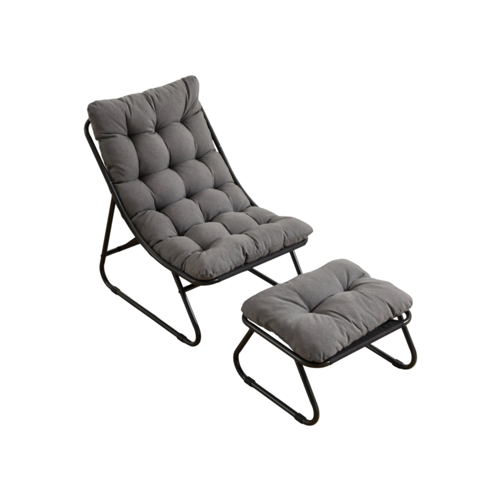 Sedia lounge da esterno con pouf, struttura in acciaio, cuscino grigio, stile moderno