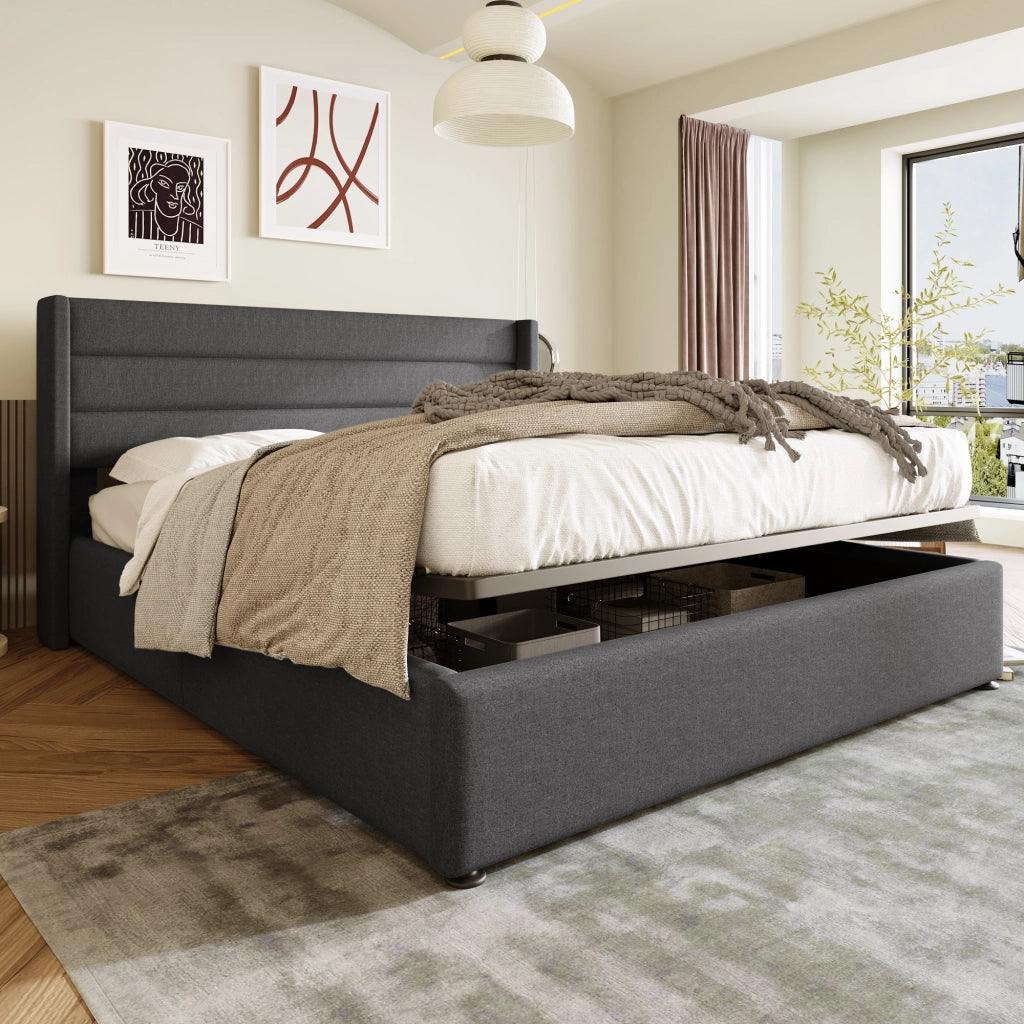 Letto Contenitore 160x200 cm; Letto Matrimoniale con Box Contenitore e Testiera Imbottita; in Lino; Grigio