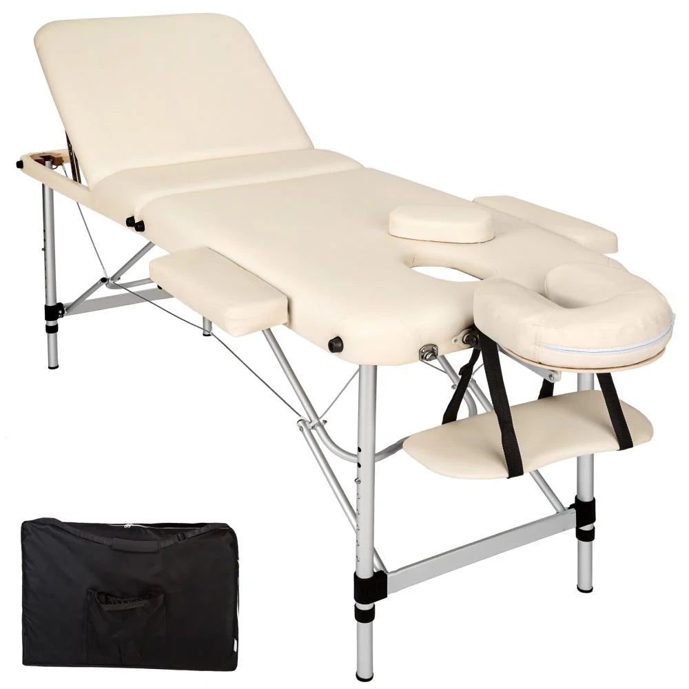 Lettino da massaggio portatile pieghevole in alluminio a 3 sezioni + telo beige 2008139