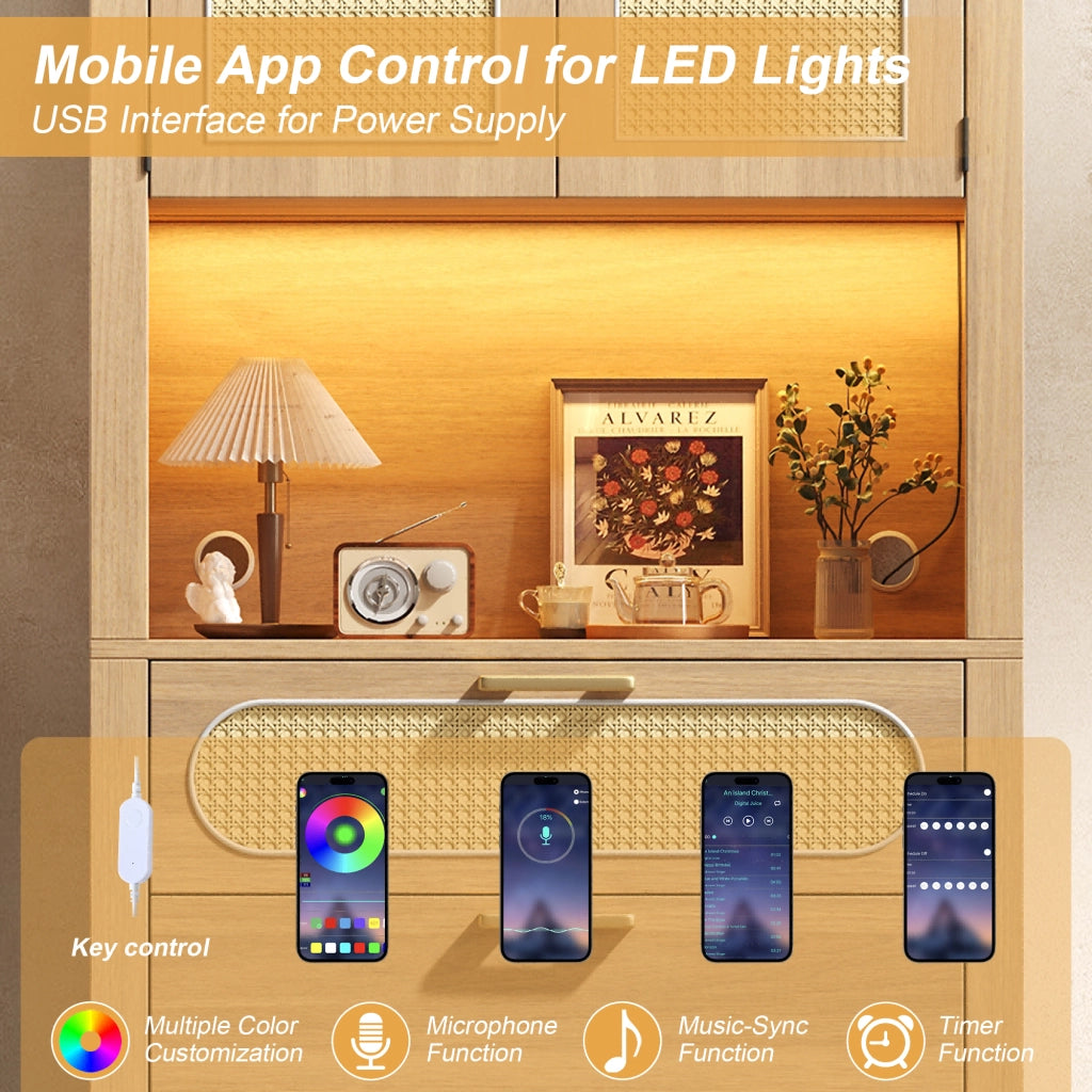 Mobile da cucina, mobile da ingresso, vetrina ad arco, luci a LED, ante in vimini, 3 cassetti, 80 x 35 x 180 cm, color rovere