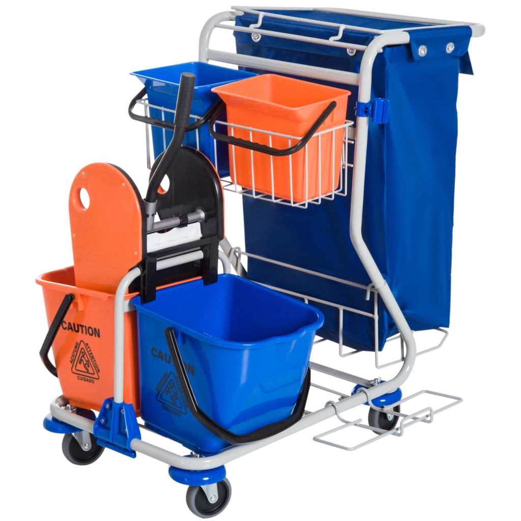 Carrello pulizie professionale con 2x18L e 2x6L secchi, pressa mop, cestino - Xylo - Blu arancione 93x80x97cm