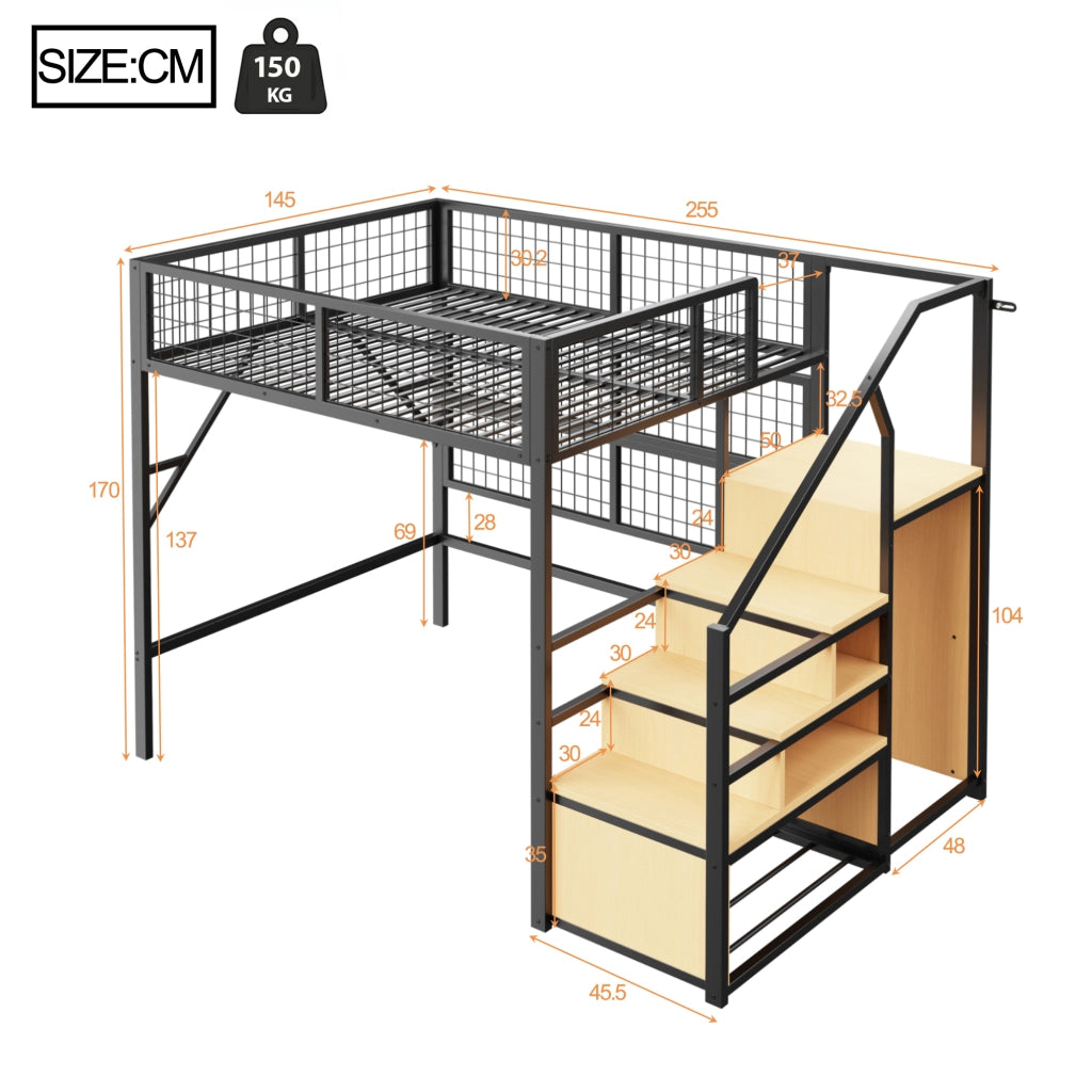 LETTO a soppalco 140x200 cm Metallo Nero con scala e contenitore