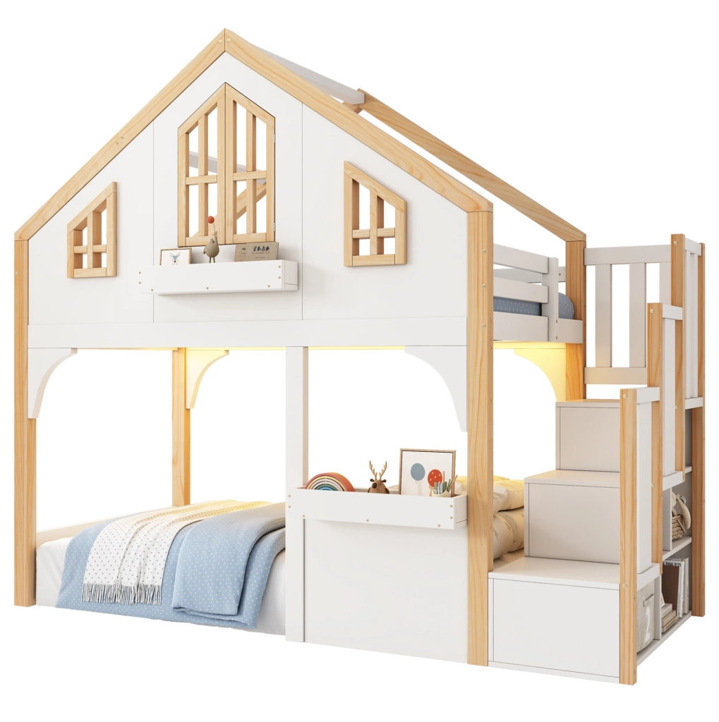Letto a soppalco per bambini 90x200 cm con scala contenitore e LED