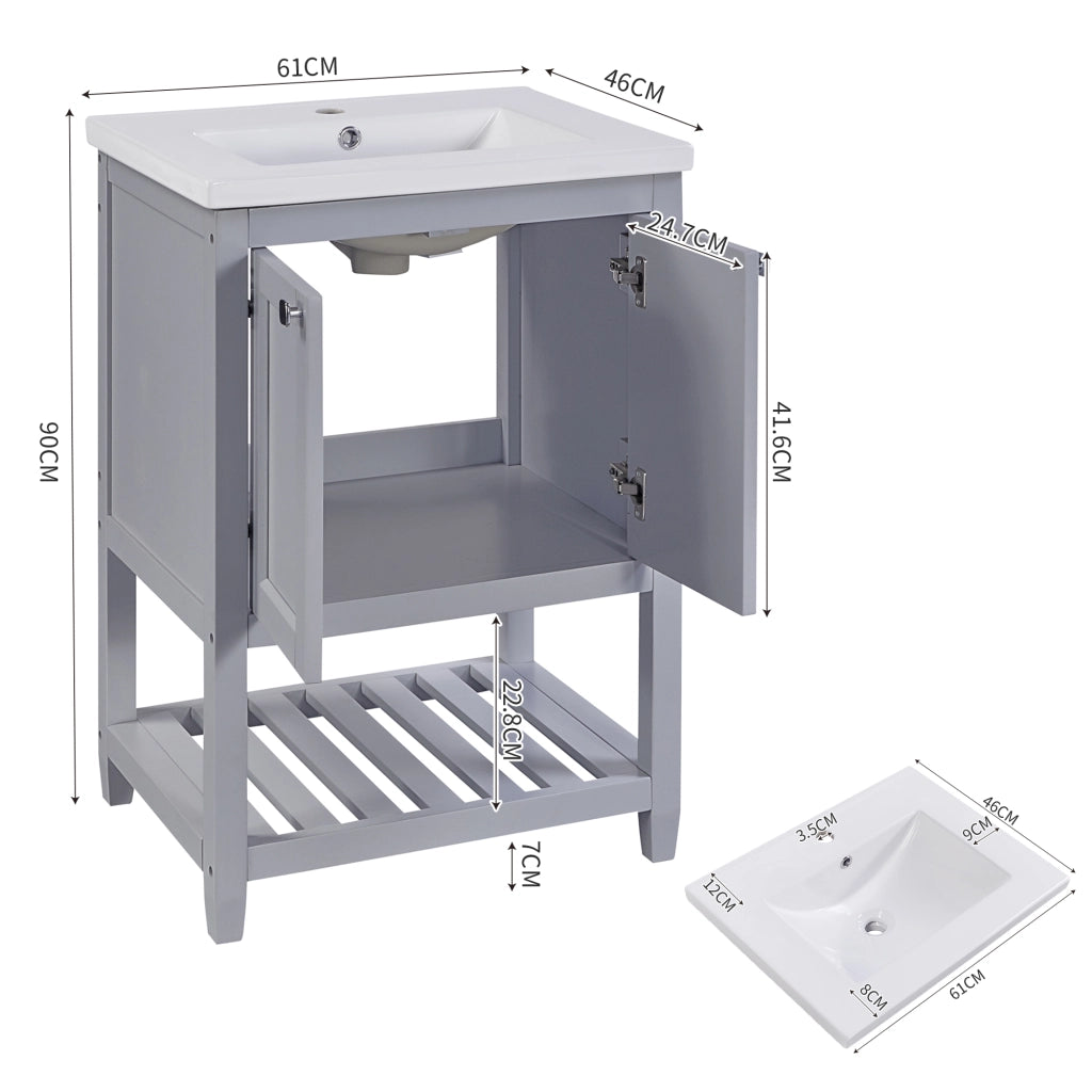 LAVABO CON MOBILE 60 cm Grigio e Bianco in Legno Massello e MDF