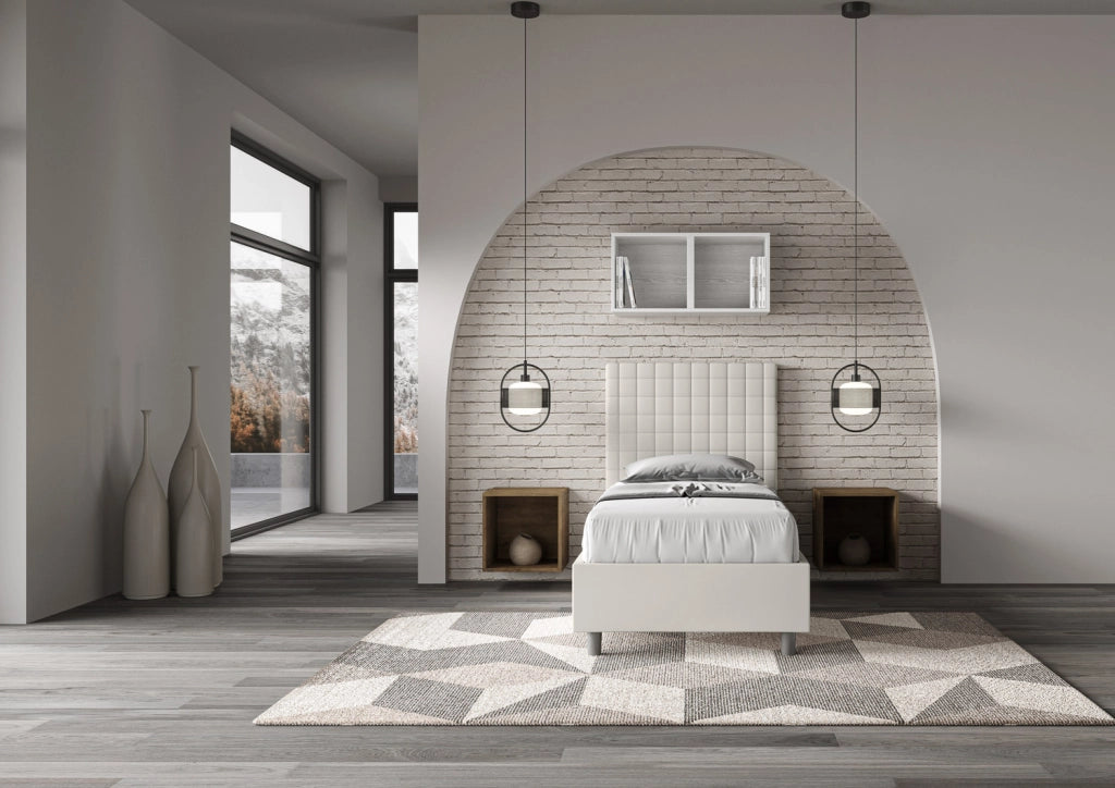 BS COM Letto singolo con rete imbottito 80x190 similpelle bianco
