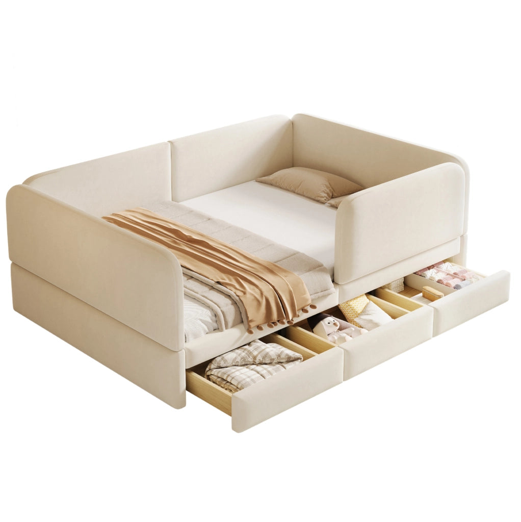 Letto imbottito per bambini 140x200 cm con sponde morbide e 3 cassetti