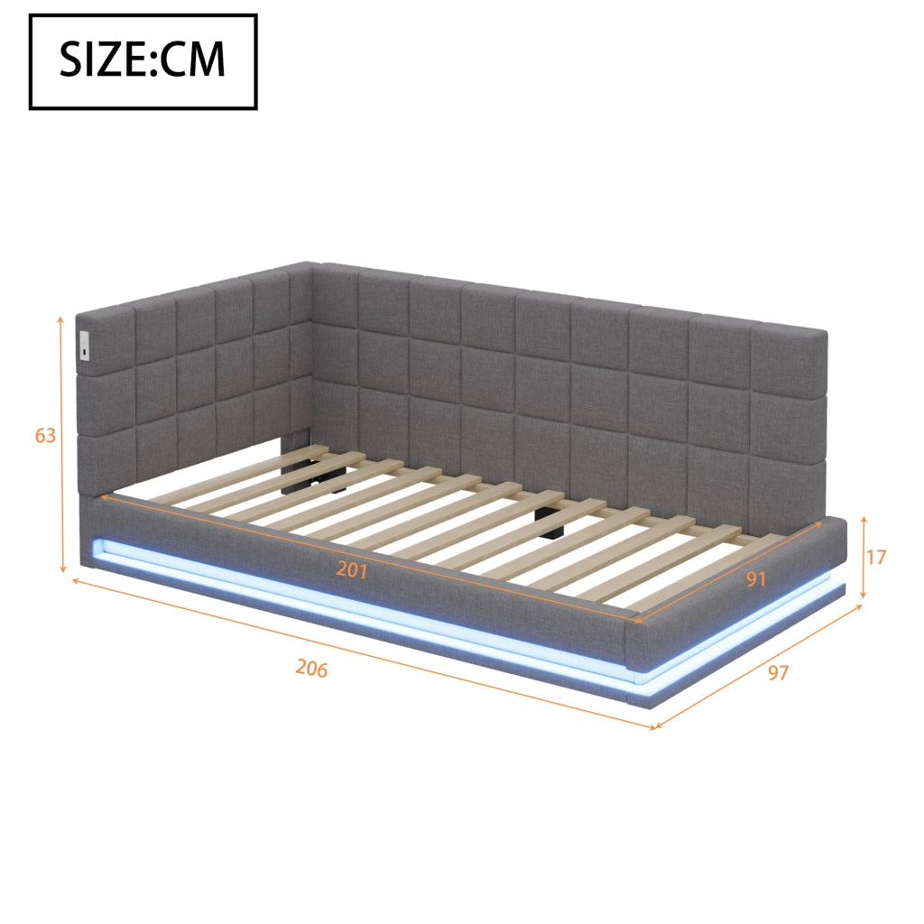LETTO Divano 90x200 cm con LED, USB, rete a doghe, lino grigio