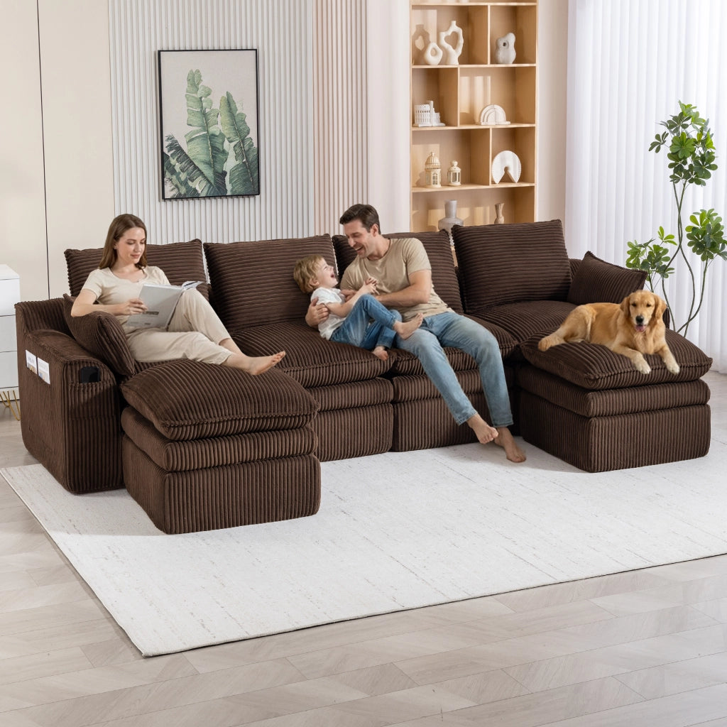 Divano Modulare 4 Posti con 2 Pouf ¨C MINIMAL ¨C Tessuto a Coste, Cuscini, Marrone
