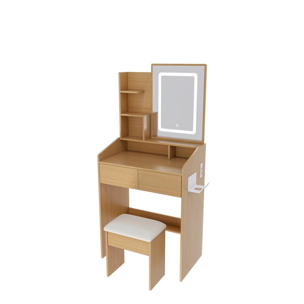 Toeletta compatta con specchio LED regolabile, presa integrata, supporto phon, cassetti e sgabello imbottito, effetto legno naturale
