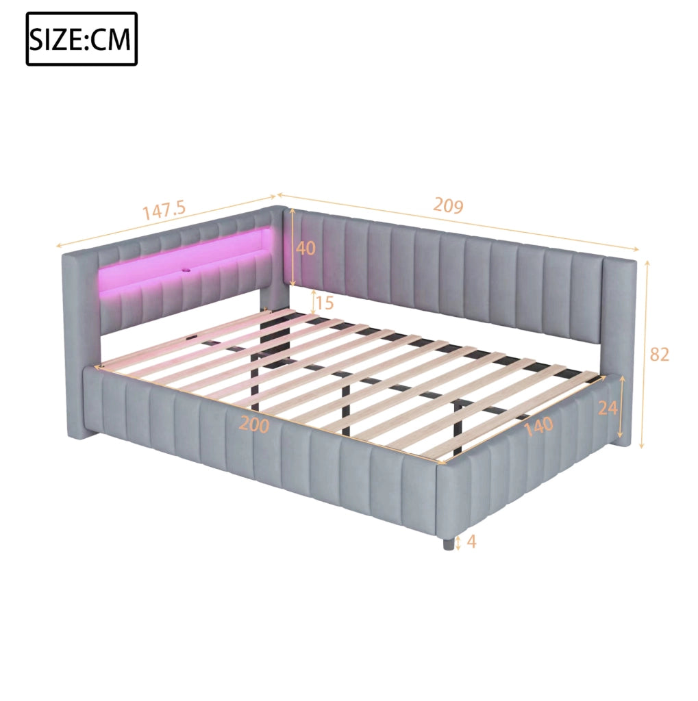 Divano letto imbottito L con LED, USB e rete a doghe, 140x200 cm